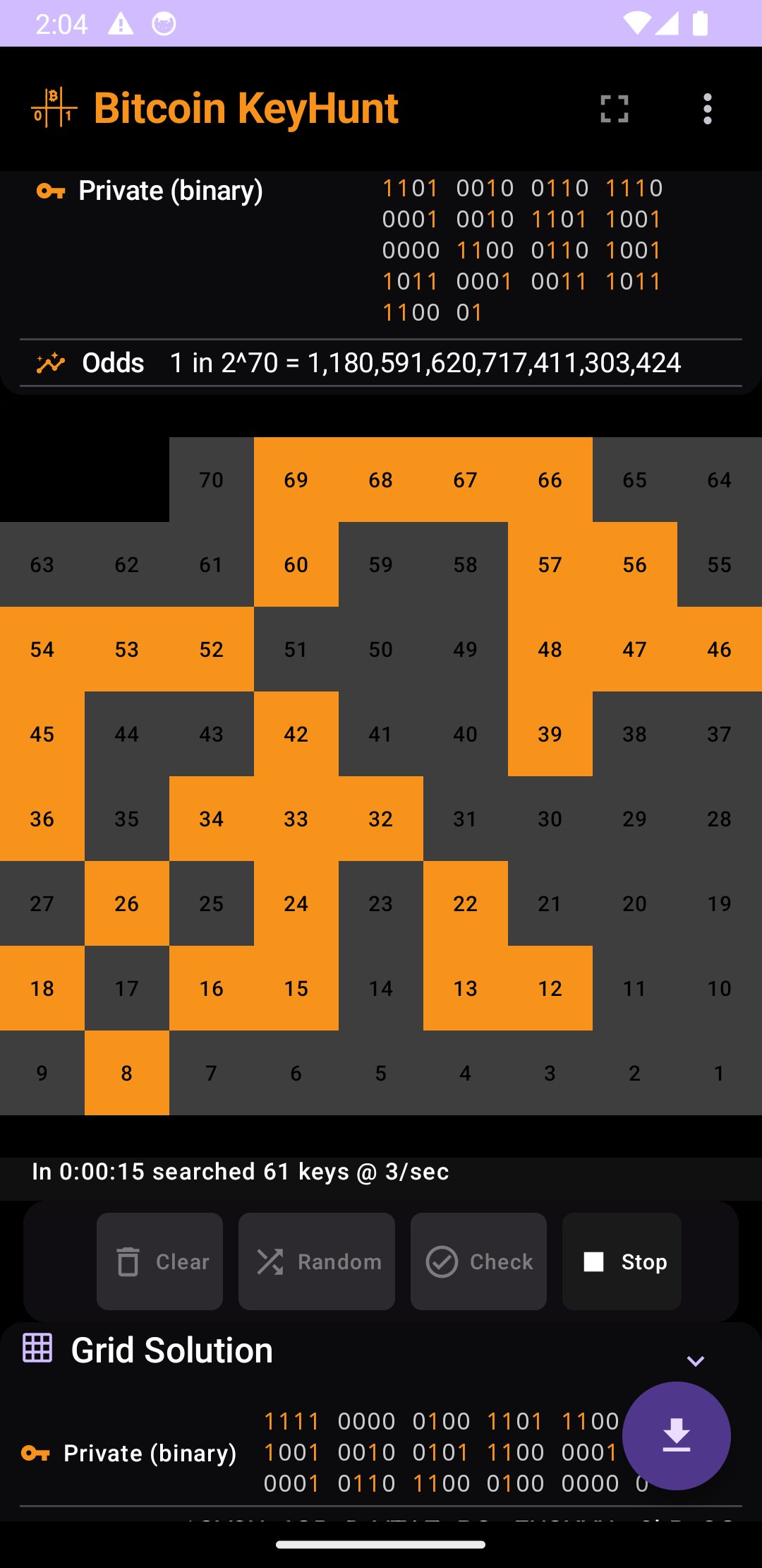 Mobile app screenshot showing the Bitcoin Key Hunt game interface